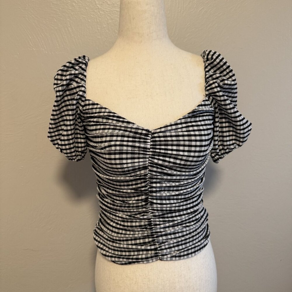 MNG Black White Gingham Puff Sleeve Sweatheart Neckline Blouse Size 4